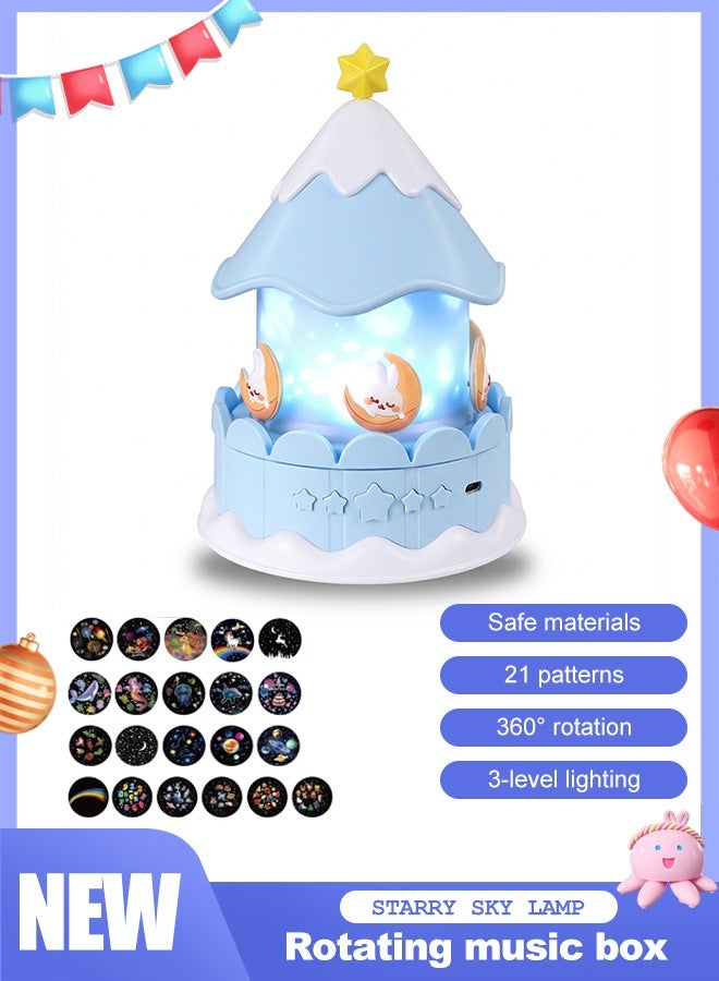 جودي بلاي مصباح عرض للأطفال على شكل كاروسيل - أزرق - قابل للتوصيل بالكهرباء يتميز هذا المصباح بـ 21 مجموعة أفلام و 3 ألوان إضاءة، ويقدم 21 مشهدًا مميزًا بما في ذلك السماء المرصعة بالنجوم لتهدئة الأطفال للنوم، وحيدات القرن الحالمة، ومناظر المحيط، واحتفالات أعياد الميلاد، والموضوعات التعليمية، والرسوم الحيوانية. استمتع برفقة رومانسية جديدة كل ليلة. - Image 1